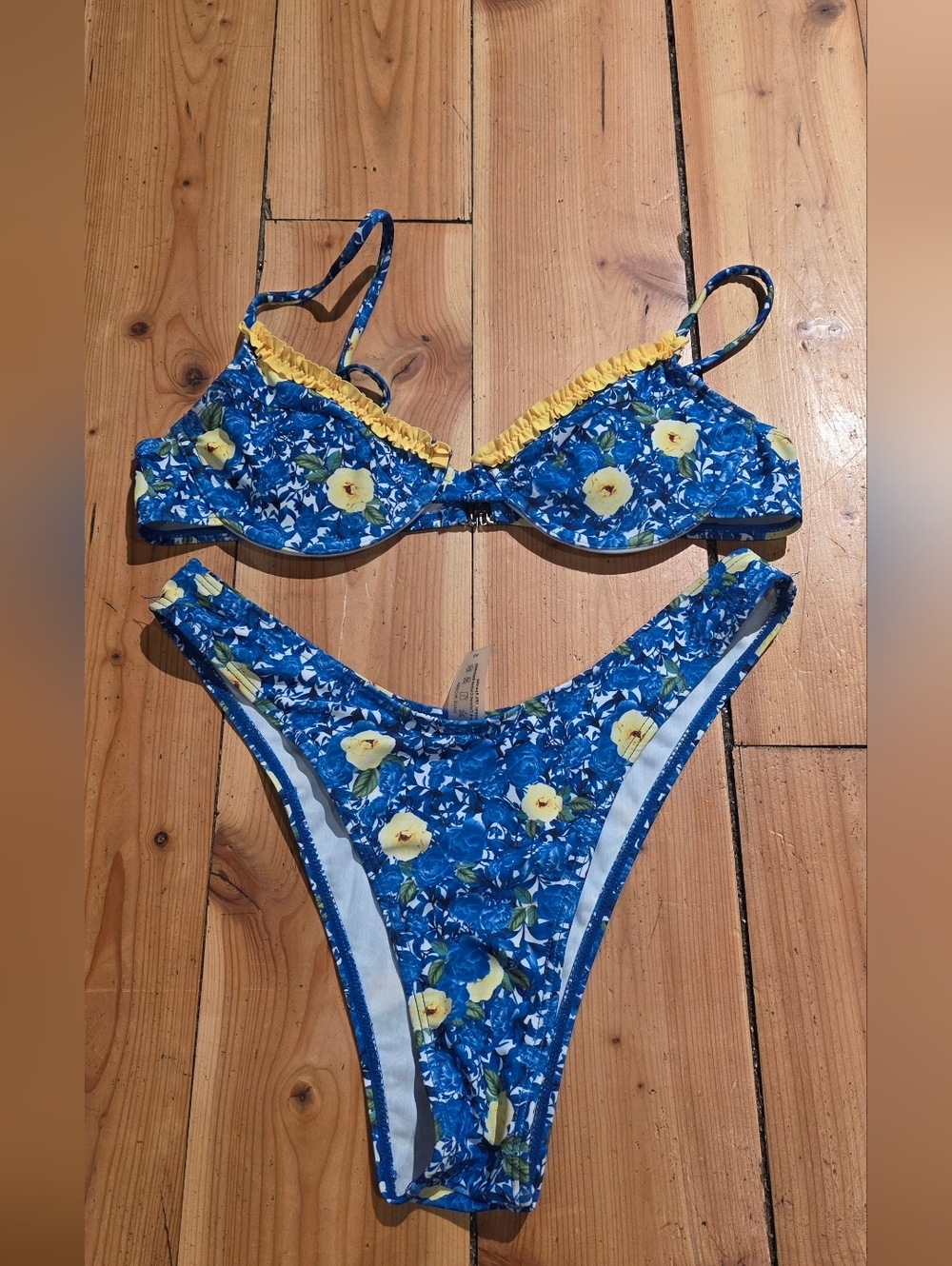Blue Floral Two-Piece Bikini with Yellow Trim